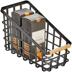 Slim Slanted Metal Wire Kitchen Storage Basket Bin Organizer With Wood Handle For Pantry, Cabinet, Cupboard, Or Countertop Organization - Yami Collection - Matte Black/Natural -Brabantia Shop 515FU0TgPnL. AC