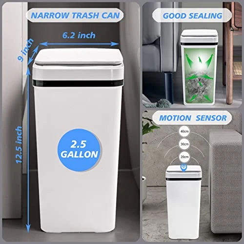 PKNOON Bathroom Trash Can Touchless 2.5 Gallon Self Sealing Trash Can Motion Sensor Trash Can Automatic Trash Cans With Lids Narrow Bedroom Garbage Bin Slim Trash Can For Bedroom Office (White) 2 PKNOON Bathroom Trash Can Touchless 2.5 Gallon Self Sealing Trash Can Motion Sensor Trash Can Automatic Trash Cans With Lids Narrow Bedroom Garbage Bin Slim Trash Can For Bedroom Office (White) - Image 2