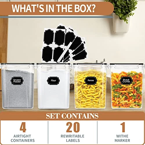 PRAKI Large Airtight Food Storage Containers 5.2L / 195oz, BPA Free, 4pcs Pantry Kitchen Organization Set For Flour, Sugar, Baking Supplies, Plastic Flour Container With 20 Labels & Maker 1 PRAKI Large Airtight Food Storage Containers 5.2L / 195oz, BPA Free, 4pcs Pantry Kitchen Organization Set For Flour, Sugar, Baking Supplies, Plastic Flour Container With 20 Labels & Maker