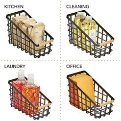 Slim Slanted Metal Wire Kitchen Storage Basket Bin Organizer With Wood Handle For Pantry, Cabinet, Cupboard, Or Countertop Organization - Yami Collection - Matte Black/Natural -Brabantia Shop 517mbYGL21L