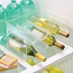 MDesign Stackable Plastic 3 Bottle Refrigerator Wine Rack - Kitchen Storage Organizer Holder For Champagne, Wine Or Water Bottles - Stacking Wine Bottle Organizer For Fridge - Ligne Collection - Clear -Brabantia Shop 518HcfmQ4TL