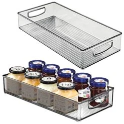 MDesign Plastic Stackable Kitchen Pantry Cabinet, Refrigerator Or Freezer Food Storage Bin With Handles - Organizer For Fruit, Yogurt, Snacks, Pasta - BPA Free, 16" Long, 2 Pack - Smoke Gray