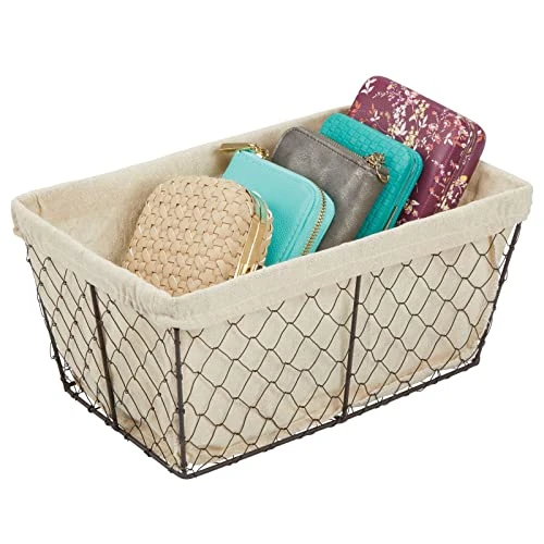 MDesign Medium Metal Farmhouse Home Storage Organizer Basket - Chicken Wire Design, Fabric Liner For Kitchen, Bathroom, Living Room, Pantry, Cupboard, Shelves, Countertop - 4 Pack - Bronze/Natural 5 MDesign Medium Metal Farmhouse Home Storage Organizer Basket - Chicken Wire Design, Fabric Liner For Kitchen, Bathroom, Living Room, Pantry, Cupboard, Shelves, Countertop - 4 Pack - Bronze/Natural - Image 5