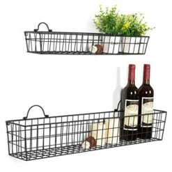 Country Rustic Wall Mounted Black Metal Wire Storage Baskets Display Racks, Set Of 2