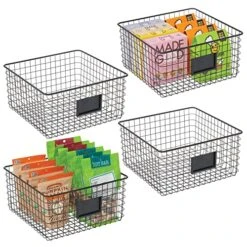 Square Steel Wired Storage Organizer Bin Baskets With Label Slot For Kitchen Pantry, Cabinet, Organizing Holder For Food, Drinks, Snacks, Produce, Omaha Collection, 4 Pack, Matte Black