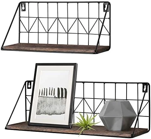 Mkono Wall Floating Shelves Set Of 2 Rustic Wood Bathroom Shelf (11.5" + 17.7"), Black Metal Wire Storage Display Shelving Room Recor For Bedroom Living Room Kitchen Office,Brown 6 Mkono Wall Floating Shelves Set Of 2 Rustic Wood Bathroom Shelf (11.5" + 17.7"), Black Metal Wire Storage Display Shelving Room Recor For Bedroom Living Room Kitchen Office,Brown - Image 6