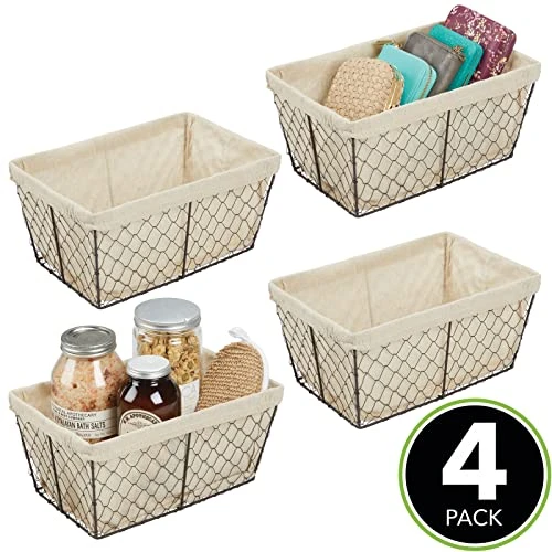 MDesign Medium Metal Farmhouse Home Storage Organizer Basket - Chicken Wire Design, Fabric Liner For Kitchen, Bathroom, Living Room, Pantry, Cupboard, Shelves, Countertop - 4 Pack - Bronze/Natural 1 MDesign Medium Metal Farmhouse Home Storage Organizer Basket - Chicken Wire Design, Fabric Liner For Kitchen, Bathroom, Living Room, Pantry, Cupboard, Shelves, Countertop - 4 Pack - Bronze/Natural