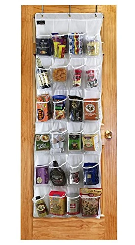 Over-The-Door Hanging White Pantry Organizer And Kitchen Storage Unit With 24 Crystal-Clear Vinyl Pockets And 3 Metal Hooks 1 Over-The-Door Hanging White Pantry Organizer And Kitchen Storage Unit With 24 Crystal-Clear Vinyl Pockets And 3 Metal Hooks