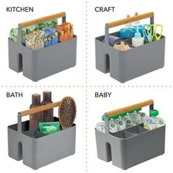 MDesign Plastic Portable Storage Organizer Kitchen Caddy Tote, Divided Bin With Wood Handle For Napkins, Silverware, Forks, Knives, Spoons - Store In Cabinets, Countertops - Charcoal Gray/Natural -Brabantia Shop 51Sy7Fp8iqL