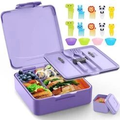 Bento Lunch Box, Lunch Box Kids - 1300ML Insulated Lunch Box With 4 Compartments Bento Box Adult Lunch Box, Leak Proof Lunch Box Containers With Utensils& Food Picks& Cake Cups &Dip Container (Purple)