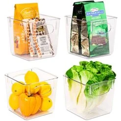 Square Refrigerator Organizer Bins - Clear Plastic Pantry, Cabinet & Fridge Organizer For Kitchen Organization And Storage - Versatile Lightweight Bath, Makeup, Food & Snack Organizer (4 Pack)