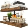 BAOBAB WORKSHOP Bundle - 2 Items: Wood And Wire Baskets With Floating Shelves For Bathroom Decor, Toilet Paper Storage, Living Room Bedroom And Kitchen