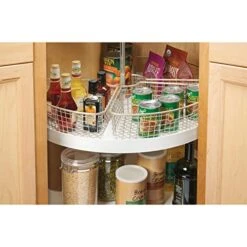 Farmhouse Metal Kitchen Cabinet Lazy Susan Storage Organizer Basket With Front Handle - Large Pie-Shaped 1/4 Wedge, 4.4" Deep Container - Satin -Brabantia Shop 51e8d3k5ecL