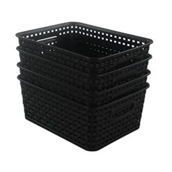 Black Plastic Storage Basket Bins Organizer, 4-Pack