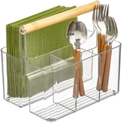 MDesign Plastic Portable Storage Organizer Kitchen Caddy Tote, Divided Bin With Wood Handle For Napkins, Silverware, Forks, Knives, Spoons - Store In Cabinets, Countertops - Charcoal Gray/Natural -Brabantia Shop 51hUEsfuz4L. AC