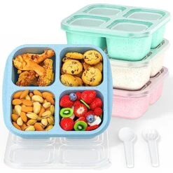 RGNEIN Bento Snack Boxes (4 Pack)- Reusable 4-Compartment Meal Prep Containers For Kids And Adults, Perfect Food Storage Containers For School, Compact And Stackable (Wheat(Green/Blue/Pink/Beige))