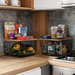 2 Set Stackable Kitchen Counter Basket With Bamboo Top - Pantry Organization And Storage Wire Organizing Basket - Cabinet Countertop Organizer Bins For Produce, Fruit, Vegetable (Onion, Potato), Bread -Brabantia Shop 51jiI0H7JJL