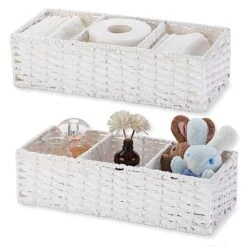 Vagusicc 3-Section Wicker Baskets For Shelves, Hand-Woven Paper Rope Wicker Storage Basket, Toilet Paper Basket For Toilet Tank Top, Baskets For Organizing Bathroom, 2-Pack, White
