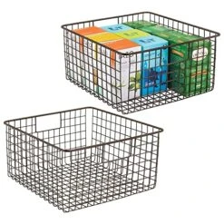 MDesign Farmhouse Decor Metal Wire Food Organizer Storage Bin Baskets With Handles For Kitchen Cabinets, Pantry, Bathroom, Laundry Room, Closets, Garage - 2 Pack - Bronze