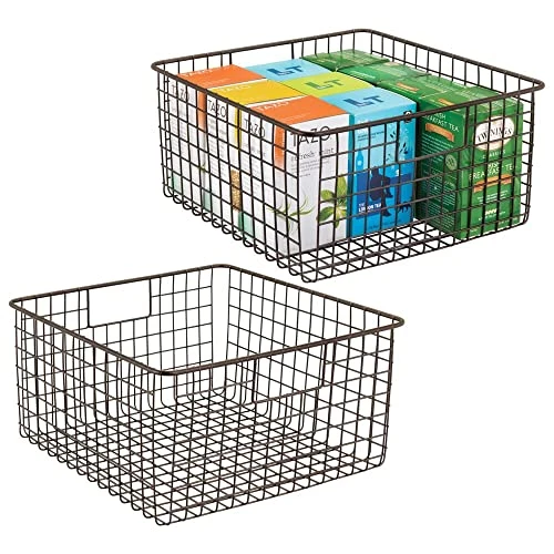 MDesign Farmhouse Decor Metal Wire Food Organizer Storage Bin Baskets With Handles For Kitchen Cabinets, Pantry, Bathroom, Laundry Room, Closets, Garage - 2 Pack - Bronze 1 MDesign Farmhouse Decor Metal Wire Food Organizer Storage Bin Baskets With Handles For Kitchen Cabinets, Pantry, Bathroom, Laundry Room, Closets, Garage - 2 Pack - Bronze