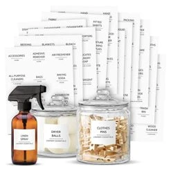 144 Minimalistic Laundry Room Labels For Glass Jars, Preprinted Linen Closet Stickers For Containers, Bathroom Organization, Cleaning Supplies (Black)