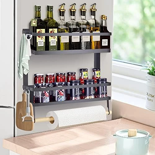 XIAPIA Magnetic Fridge Organizer Spice Rack With Paper Towel Holder And 5 Extra Hooks | 3 Tier Magnet Refrigerator Shelf In Kitchen Holds Up To 45 LBS | 16x12x4 Inch Black 6 XIAPIA Magnetic Fridge Organizer Spice Rack With Paper Towel Holder And 5 Extra Hooks | 3 Tier Magnet Refrigerator Shelf In Kitchen Holds Up To 45 LBS | 16x12x4 Inch Black - Image 6