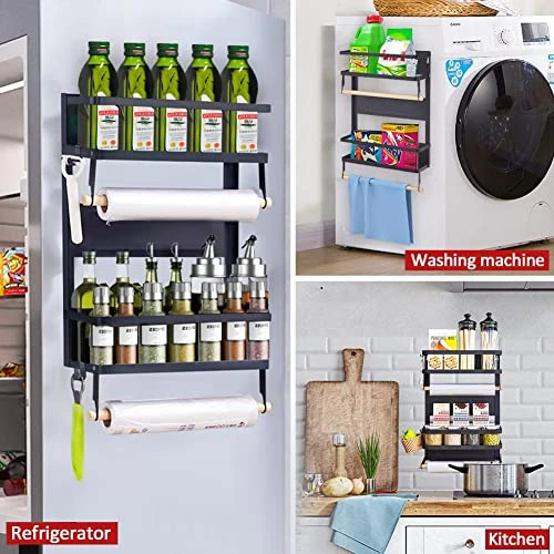XIAPIA Magnetic Fridge Organizer Spice Rack With Paper Towel Holder And 5 Extra Hooks | 3 Tier Magnet Refrigerator Shelf In Kitchen Holds Up To 45 LBS | 16x12x4 Inch Black 3 XIAPIA Magnetic Fridge Organizer Spice Rack With Paper Towel Holder And 5 Extra Hooks | 3 Tier Magnet Refrigerator Shelf In Kitchen Holds Up To 45 LBS | 16x12x4 Inch Black - Image 3