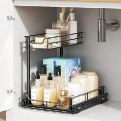 LAMU Larger Under Kitchen Sink Organizers And Storage, Metal Under Sink Organizer Bathroom Cabinet, Undersink Organizers Kitchen, Under Sink Storage And Organization, 13.4W X 16.9D X 15.7H Inches