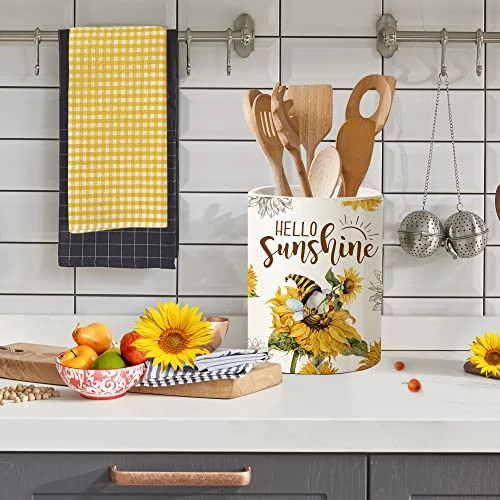 Rabbitable Sunflower Utensil Holder-Sunflower Kitchen Decor-Cooking Tools Sunflower Gnome Kitchen Gifts For Women-Modern Farmhouse Ceramic Utensil Crock With Non-slip Mat For Home Table Party Decor 5 Rabbitable Sunflower Utensil Holder-Sunflower Kitchen Decor-Cooking Tools Sunflower Gnome Kitchen Gifts For Women-Modern Farmhouse Ceramic Utensil Crock With Non-slip Mat For Home Table Party Decor - Image 5