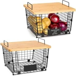 2 Set Stackable Kitchen Counter Basket With Bamboo Top - Pantry Organization And Storage Wire Organizing Basket - Cabinet Countertop Organizer Bins For Produce, Fruit, Vegetable (Onion, Potato), Bread -Brabantia Shop 51uTs9rdAEL. AC