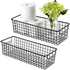 Sheechung Farmhouse Decor Metal Wire Storage Organizer Bin Basket(2 Pack) - Rustic Toilet Paper Holder - Storage Organizer For Bathroom, Kitchen Cabinets,Pantry, Laundry Room, Closets, Garage (Black)