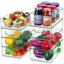 Set Of 8 Stackable Pantry Organizer Bins, Clear Plastic Storage Bins For Home Edit Fridge Cabinet Organizing Storage Containers (4 Large And 4 Medium)